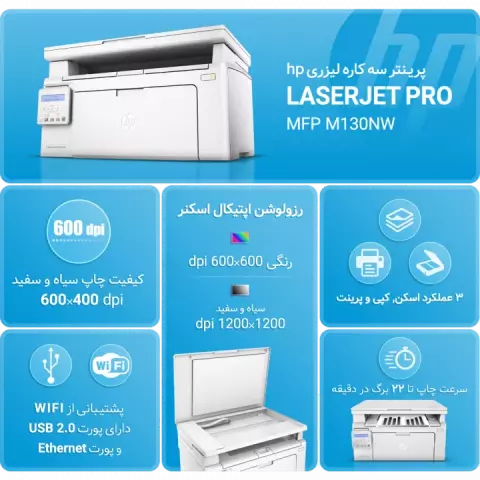 پرینتر سه کاره لیزری HP مدل LASERJET PRO MFP M130NW
