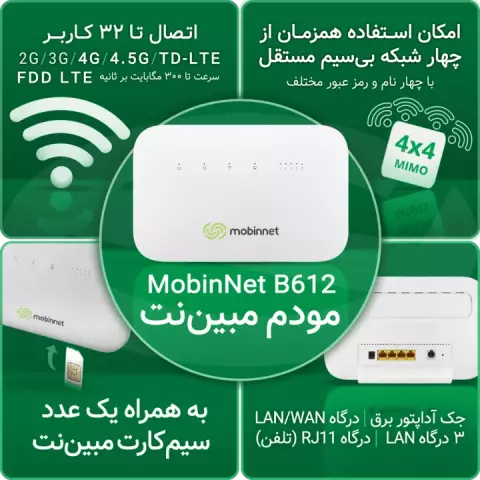 مودم MobinNet 4G/TD-LTE مدل B612 به همراه 360 گیگابایت اینترنت 6 ماهه