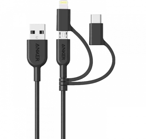 کابل شارژ 90 سانتی متری USB به Micro USB, Type-C ,Lightning انکر مدل Powerline II A8436