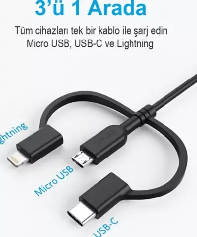 کابل شارژ 90 سانتی متری USB به Micro USB, Type-C ,Lightning  انکر مدل Powerline II A8436
