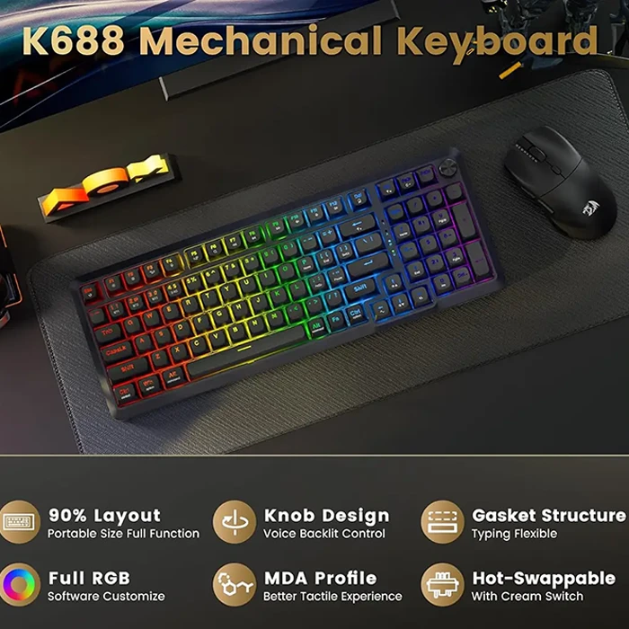 کیبورد بی سیم گیمینگ Redragon مدل BRAGI K688 GB PRO RGB با سوئیچ قرمز