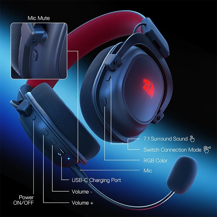 هدست بی سیم گیمینگ Redragon مدل ZEUS H510 PRO RGB