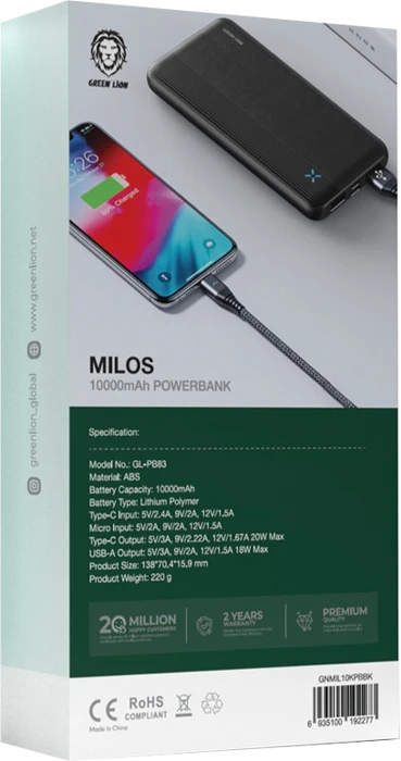 پاوربانک 10000 میلی آمپر ساعت GREEN LION مدل Milos GNMIL10KPBBK