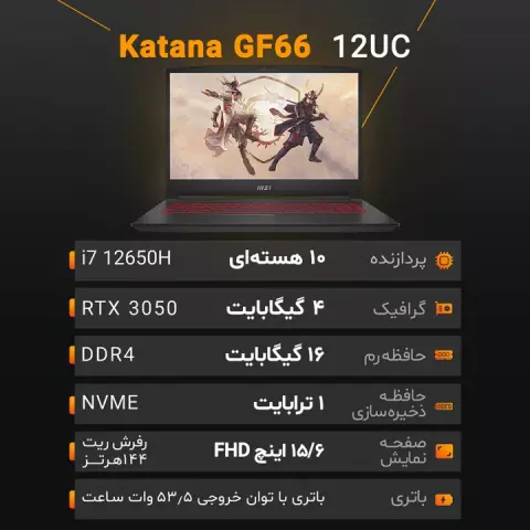 لپ تاپ گیمینگ 15.6 اینچ MSI مدل Katana GF66 12UC