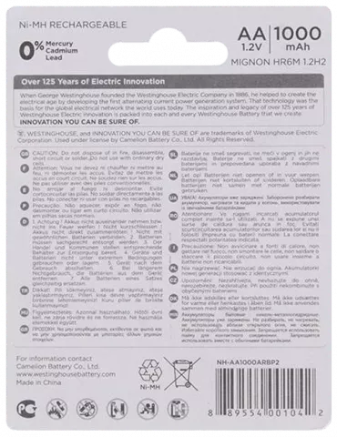 باتری قلمی قابل شارژ WestingHouse ظرفیت 1000 میلی آمپر ساعت