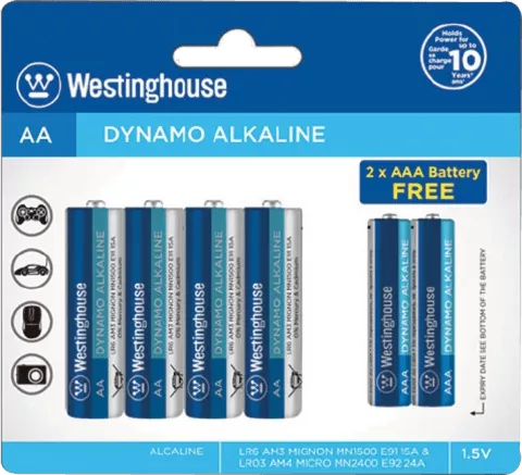 باتری قلمی و نیم قلمی Westinghouse مدل DYNAMO ALKALINE 4LR6+2LR03-BP