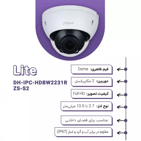 دوربین مداربسته تحت شبکه Dahua مدل Lite DH-IPC-HDBW2231R-ZS-S2