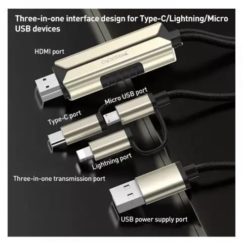 تبدیل 2 متری HDMI به USB-C، microUSB و Lightning یسیدو مدل HM14