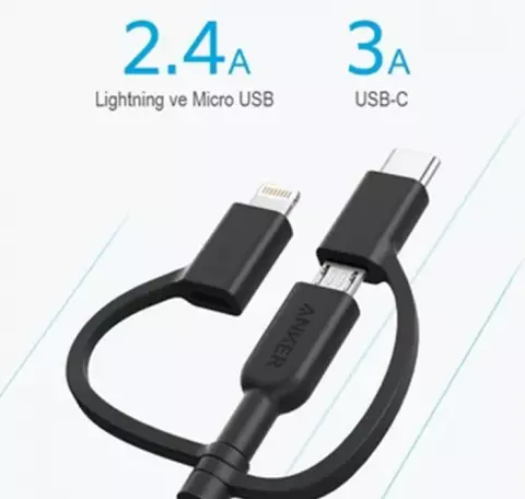 کابل شارژ 90 سانتی متری USB به Micro USB, Type-C ,Lightning  انکر مدل Powerline II A8436