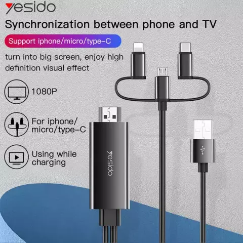 تبدیل 2 متری HDMI به USB-C، microUSB و Lightning یسیدو مدل HM05