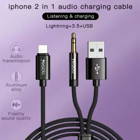 کابل صدا 1.2 متری Lightning به AUX, USB یسیدو مدل YAU18
