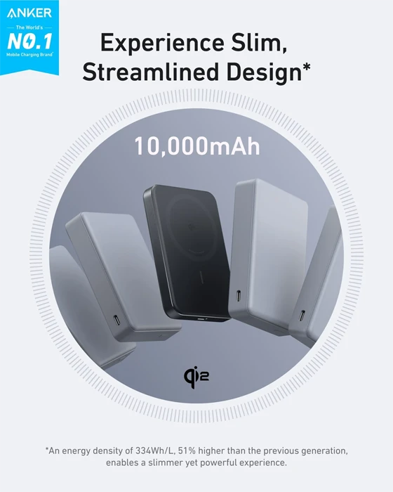 پاور بانک 10000 میلی‌آمپر ساعت Anker مدل MagGo Ultra-Slim 10K A1664