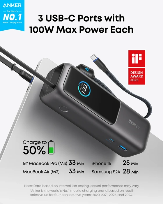 پاوربانک 25000 میلی آمپر ساعت Anker مدل ZOLO POWER BANK 25K 165W
