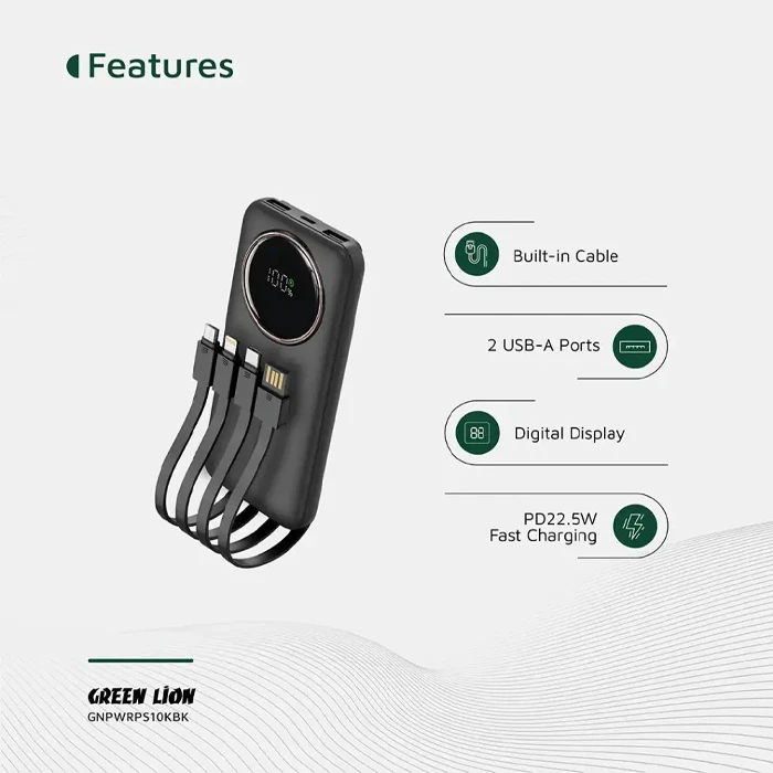 پاوربانک 10000 میلی آمپر ساعت GREEN LION مدل Power Pulse GNPWRPS10KBK