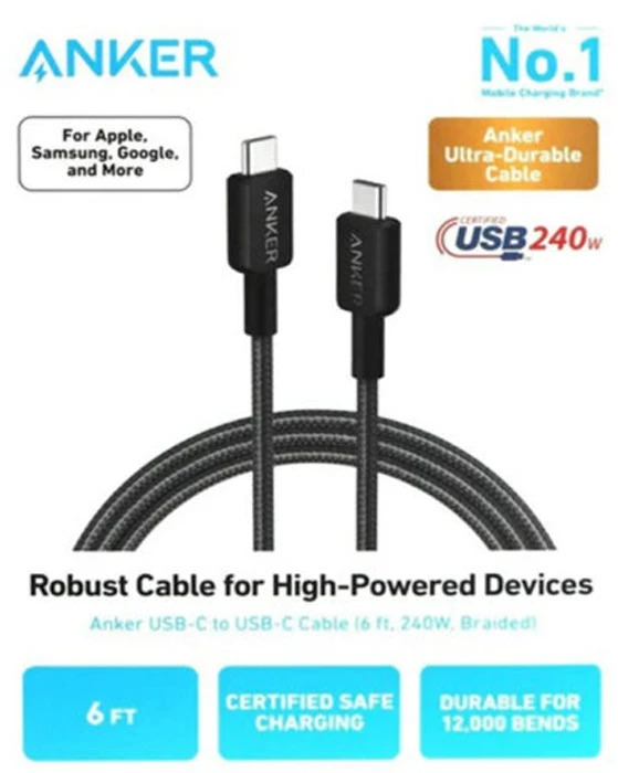کابل شارژر 1.8 متری USB-C به USB-C انکر مدل A81D6H با توان 240 وات