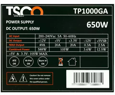 پاور 650 وات TSCO مدل TP 1000GA 80Plus Silver