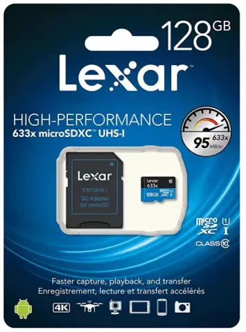 مموری کارت 128 گیگابایت Lexar مدل High Performance 633X همراه با آداپتور